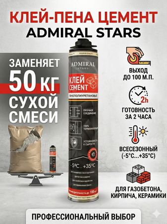 Клей пена Cement профессиональная ADMIRAL 800гр/1000мл 1ящ/12шт - Адмирал - Оптовые поставки строительных материалов от производителя