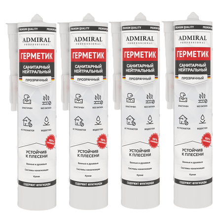Герметик силиконовый санитарный нейтральный без запаха ПРОЗРАЧНЫЙ 325гр/280мл уп/24шт ADMIRAL - Адмирал - Оптовые поставки строительных материалов от производителя